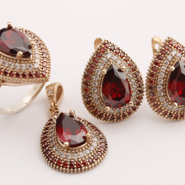 Turkish Handmade Jewelry Small Drop Shape Red Ruby and Round Cut Topaz  925 Sterling Silver Set Earrings,Pendant and Ring Size Option