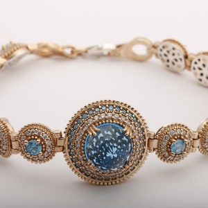 Authentic Style Turkish Handmade Jewelry Round Shape London Blue and Round Cut White Topaz 925 Sterling Silver Tennis Bracelet