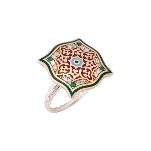 Motif Style Turkish Handmade All Authentic Jewelry Green Enamel Round Cut Emerald Topaz 925 Sterling Silver Ring Size All