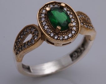 Oval Emerald Diamond Turkish Handmade Jewelry Round Cut and Round Cut Topaz 925 Sterling Silver Yellow Gold Ring Size Options