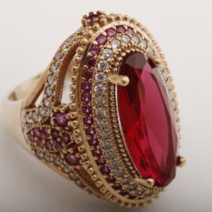 Hurrem Design! Turkish Handmade Jewelry Long Oval Shape Pink Ruby and Round Cut Topaz 925 Sterling Silver Ring Size Options