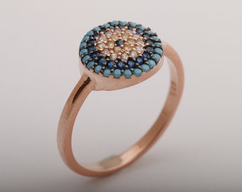 Nazar Protection Turkish Handcrafted Evil Eye Good Luck 925 Sterling Silver Sapphire Turquoise White Topaz Citrine Stone Rose Gold Ring Size