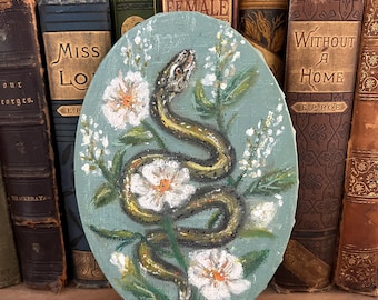 The Garter Snake in Wild Roses original painting oil pastels and acrylic on canvas