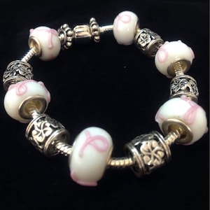 European Charm Bracelet Pandora Style Silver/Pink/White Handmade Murano Glass Beads and Charms image 1