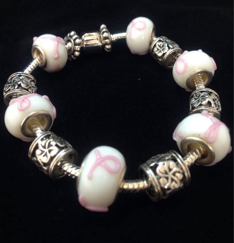 European Charm Bracelet Pandora Style Silver/Pink/White Handmade Murano Glass Beads and Charms image 1