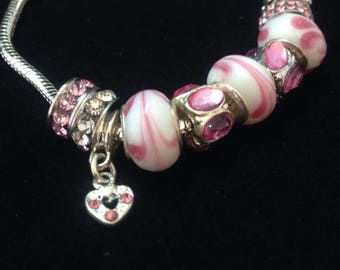 Silver European Charm Bracelet (Pandora Style) - Pink Love Gem Charm Handmade Murano Glass Beads, dangle charms