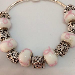 European Charm Bracelet Pandora Style Silver/Pink/White Handmade Murano Glass Beads and Charms image 2