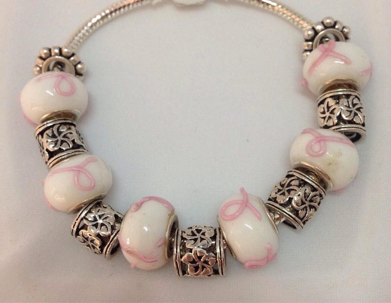 European Charm Bracelet Pandora Style Silver/Pink/White Handmade Murano Glass Beads and Charms image 2
