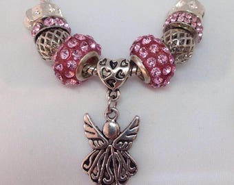 Guardian Angel Silver European Bracelet (Pandora Style) Pink Rhinestone and Silver Charms