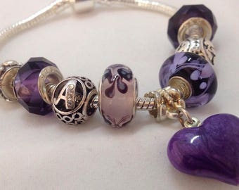 Personalised GIFT Silver European Charm Bracelet (Pandora Style) - Initial Letter Charm and Charm Love Heart Purple Murano Glass Beads