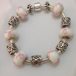 European Charm Bracelet Pandora Style Silver/Pink/White Handmade Murano Glass Beads and Charms image 3