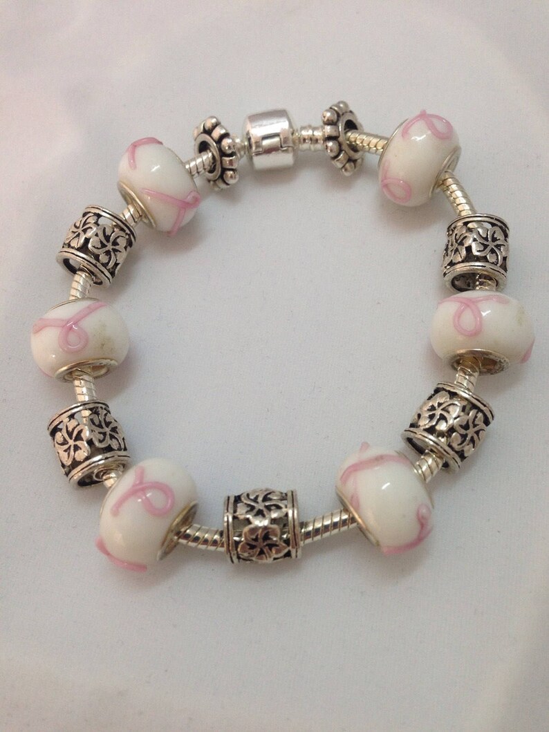 European Charm Bracelet Pandora Style Silver/Pink/White Handmade Murano Glass Beads and Charms image 3