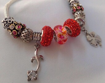 Lucky Four Leaf Clover European Charm Bracelet (Pandora Style) - Orange Rhinestone Murano Glass Beads and silver charms