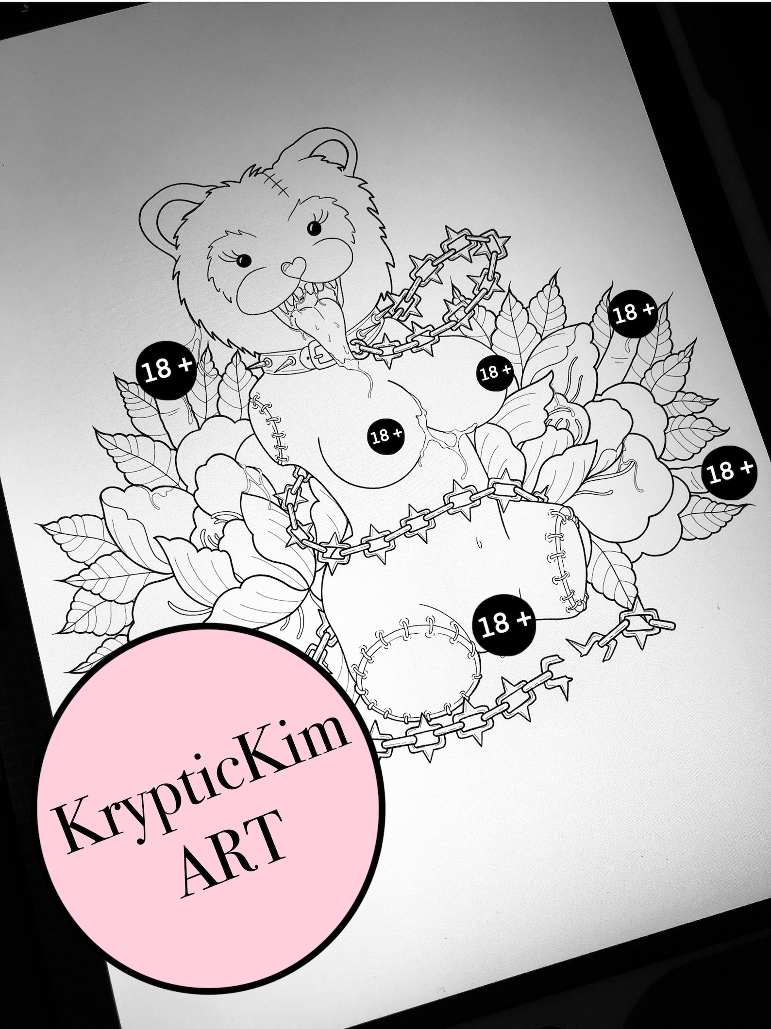 NSFW adult colouring page bear and flowers | Etsy