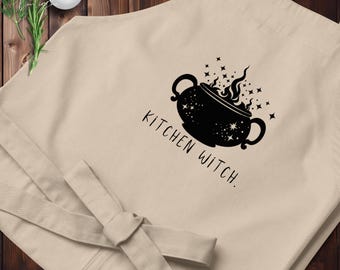 Kitchen Witch | Organic 100% Cotton | Witch Apron | Crystal | Stars | Cooking | Baking | Cauldron | Boho | Halloween | Practical Magic