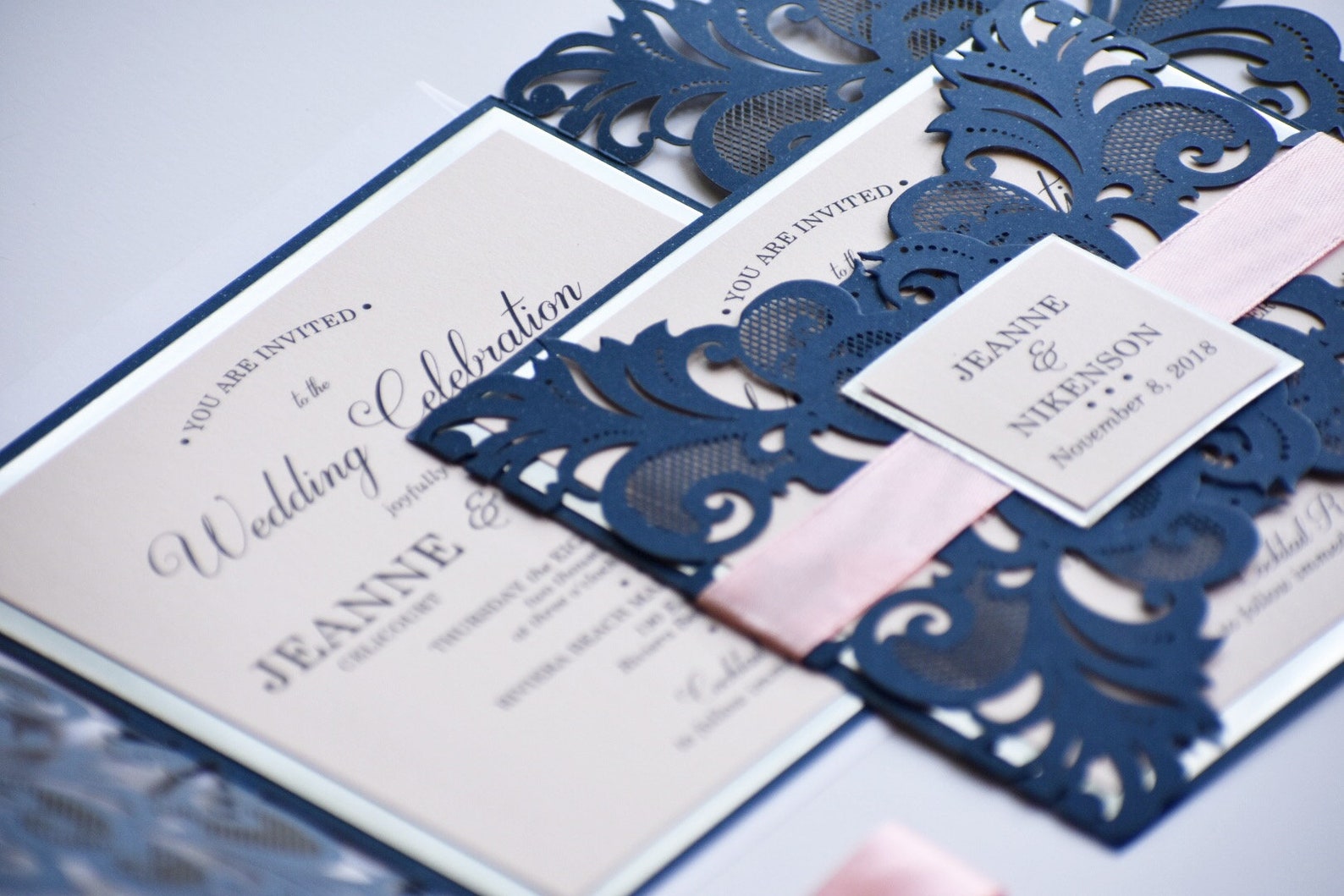 Navy Blue and Blush Laser Cut Wedding Invitations Lace Etsy