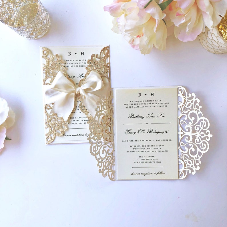 Rose Gold and Ivory Laser Cut Wedding Invitation, No Shed Glitter, Elegant Invitati...