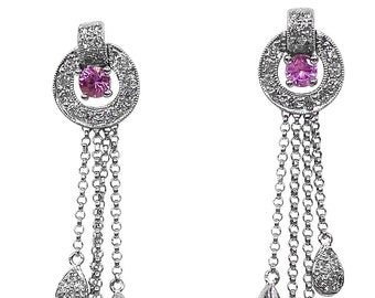 14K White Gold Pink Sapphire and Diamond Dangle Earring