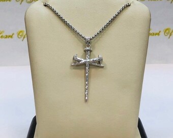 STERLING SILVER CZ nail cross pendant with chain