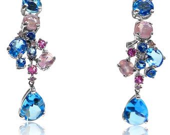 18K White Gold Pink and Blue Topaz with Diamonds Earrings