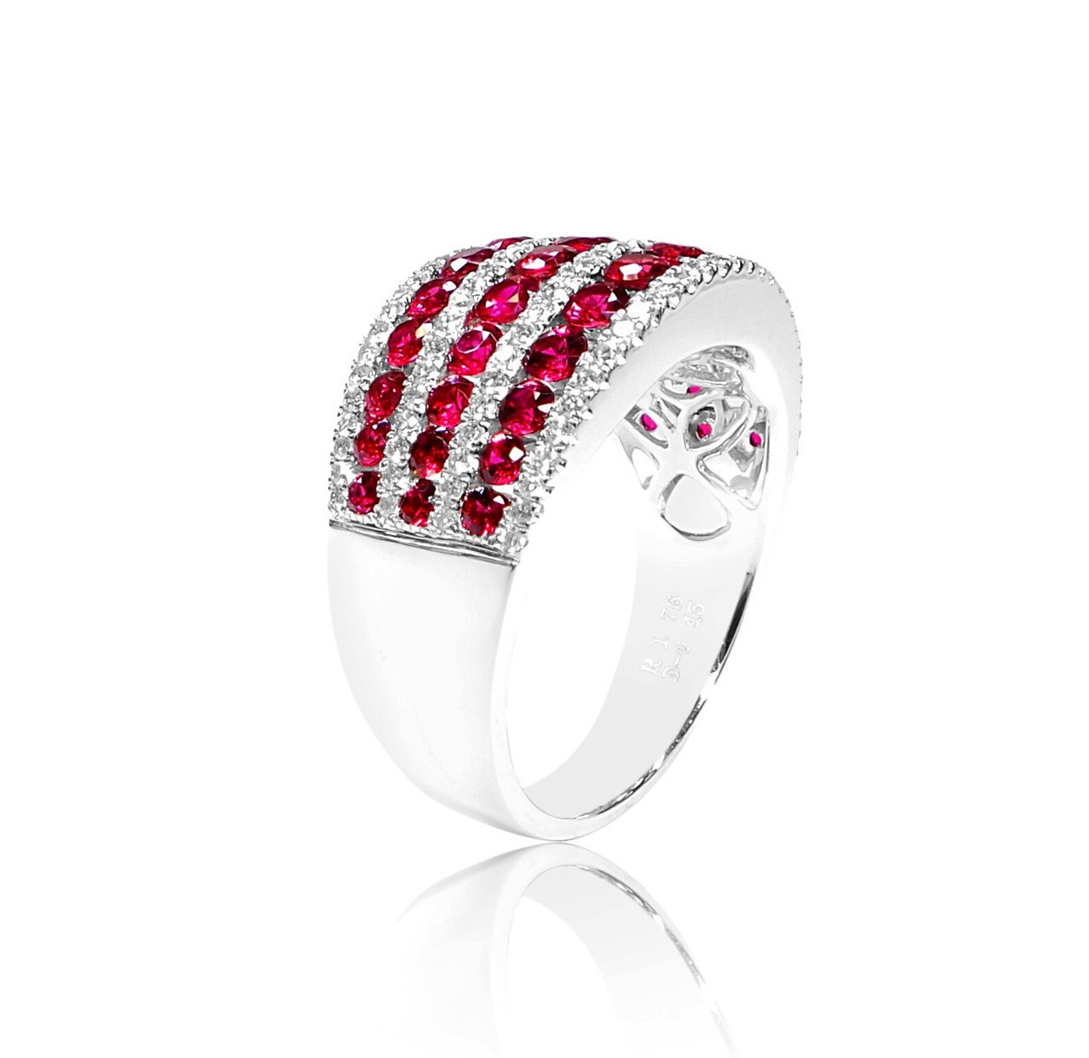 18K White Gold Three Row Ruby and White Diamond Ring - Etsy
