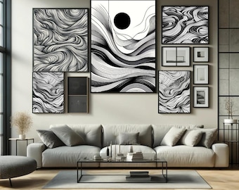 Black and White Modern Wave Prints - Digital Prints - 5 Unique Designs - Beautiful Intricate Waves - 14 Size Options - Printable Art