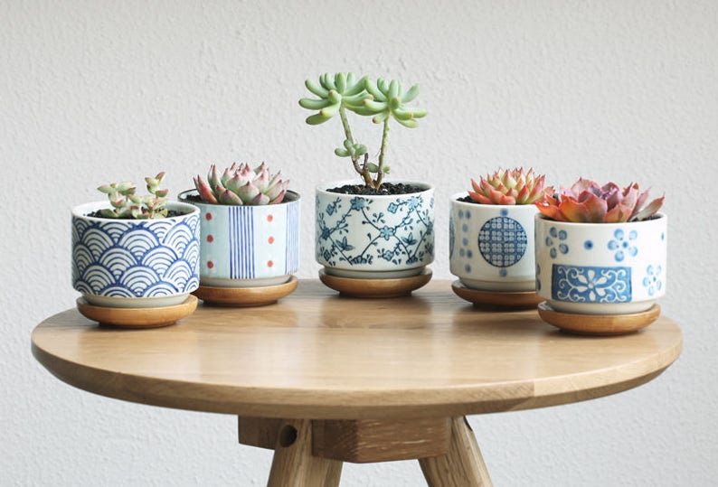 Set of 5 - Japanese Style Ceramic Planters with Bamboo Tray,Succulent Planter,Ceramic Planter,Home Decor,Simple Gift,gift idea, terrarium 