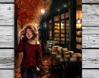 Impression d'art originale de la librairie d'automne