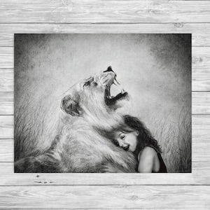 Impression d'art inspirée des Chroniques de Narnia, impression d'art originale d'Aslan et Lucy 5 x 7, 8 x 10, 11 x 14 image 1