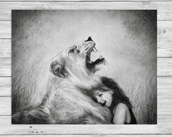 Chronicles of Narnia Inspired Art Print, Aslan and Lucy Original Art Print 5x7, 8x10, 11x14