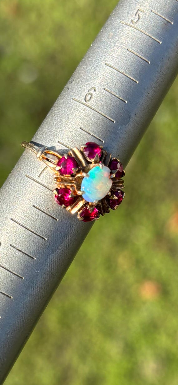 Antique genuine Opal /Ruby  Ring Solid 10K - image 2