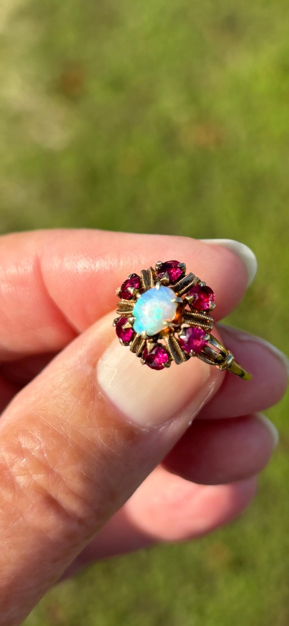 Antique genuine Opal /Ruby  Ring Solid 10K - image 1