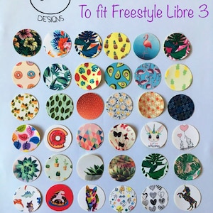 May include: A collection of 36 colourful round stickers with various designs, including floral patterns, animals, geometric shapes, and food. The stickers are designed to fit the Freestyle Libre 3 device. The text "To fit Freestyle Libre 3" is written in purple at the top of the image.