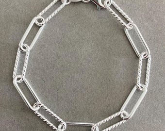 Sterling Silver Thick Chain Link Paper Clip Diamond Cut Chain Bracelet - Sterling Silver