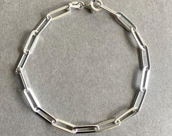 Sterling Silver Chain Link Paper Clip Flat Chain Bracelet - Sterling Silver