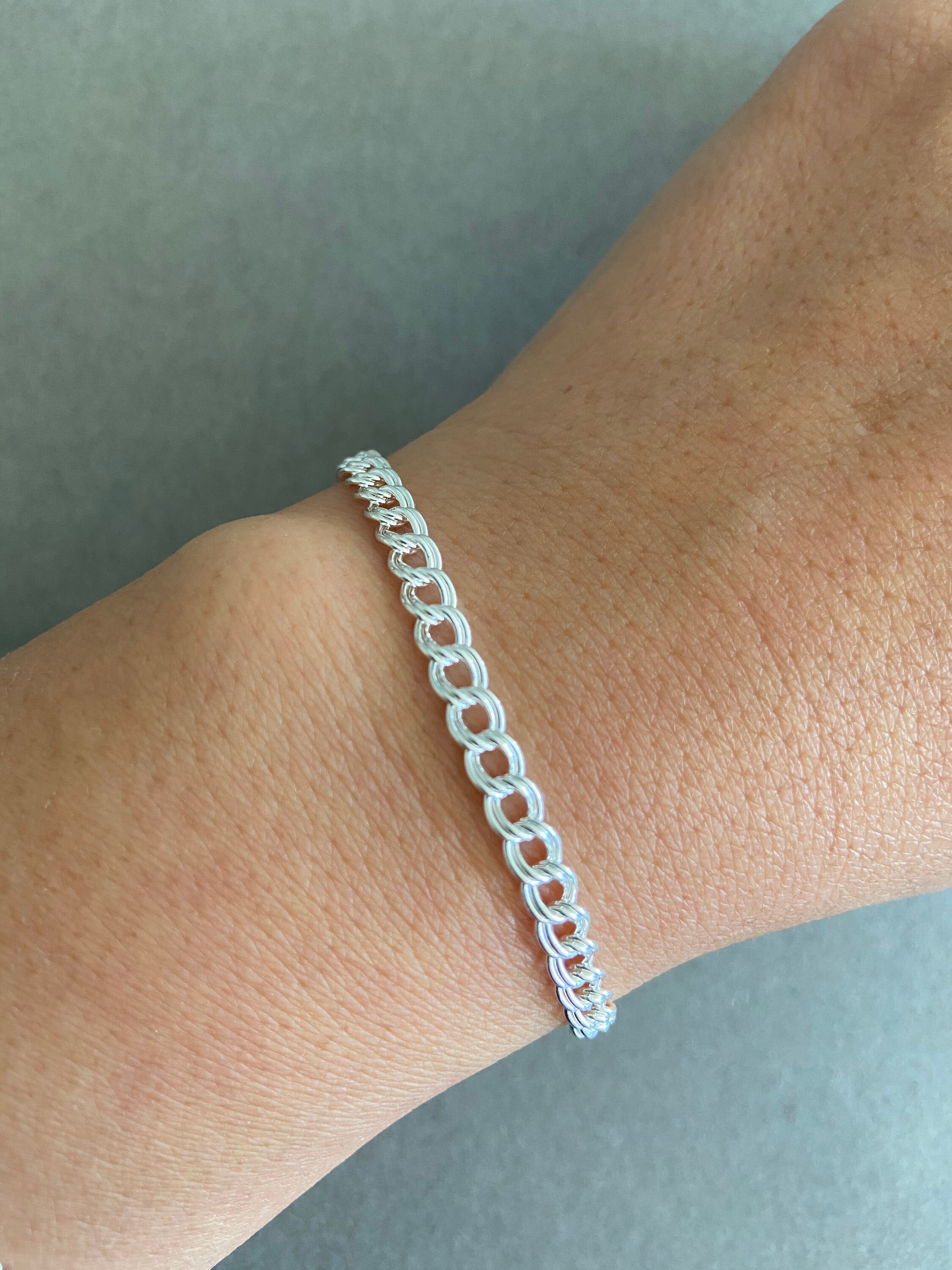 Sterling Silver Double Link Charm Chain Bracelet - Sterling