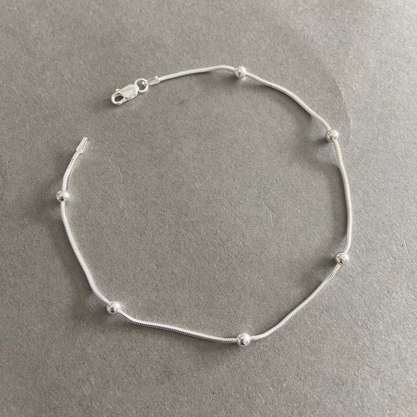 Silver Snake with Bead Chain Anklet - Sterling Silver