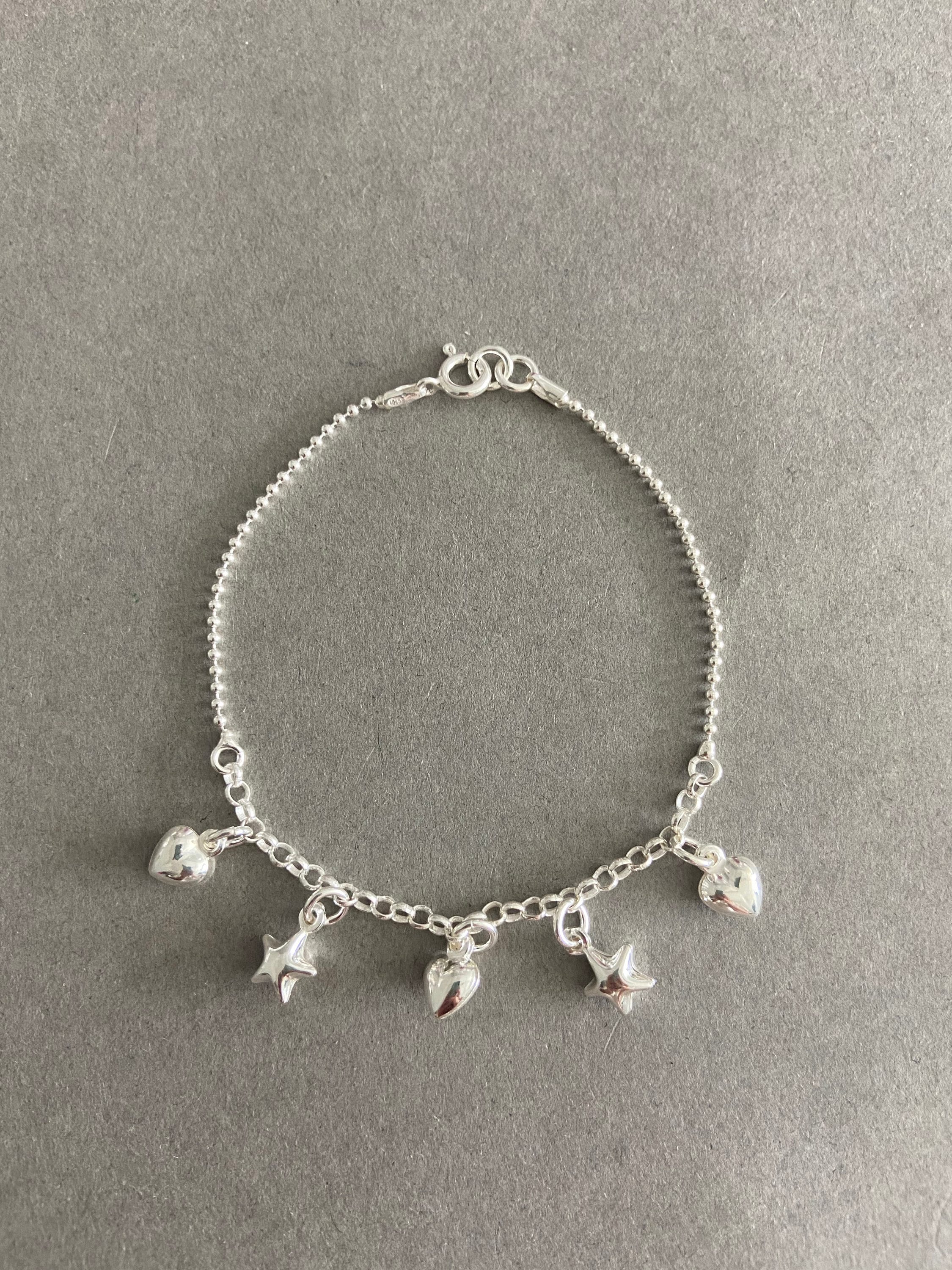 アクセサリー vintage silver925 star charm bracelet Sterling Silver Heart and Star Chain Bracelet - Sterling