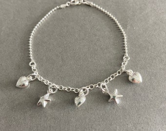 Sterling Silver Heart and Star Chain Bracelet Sterling Silver