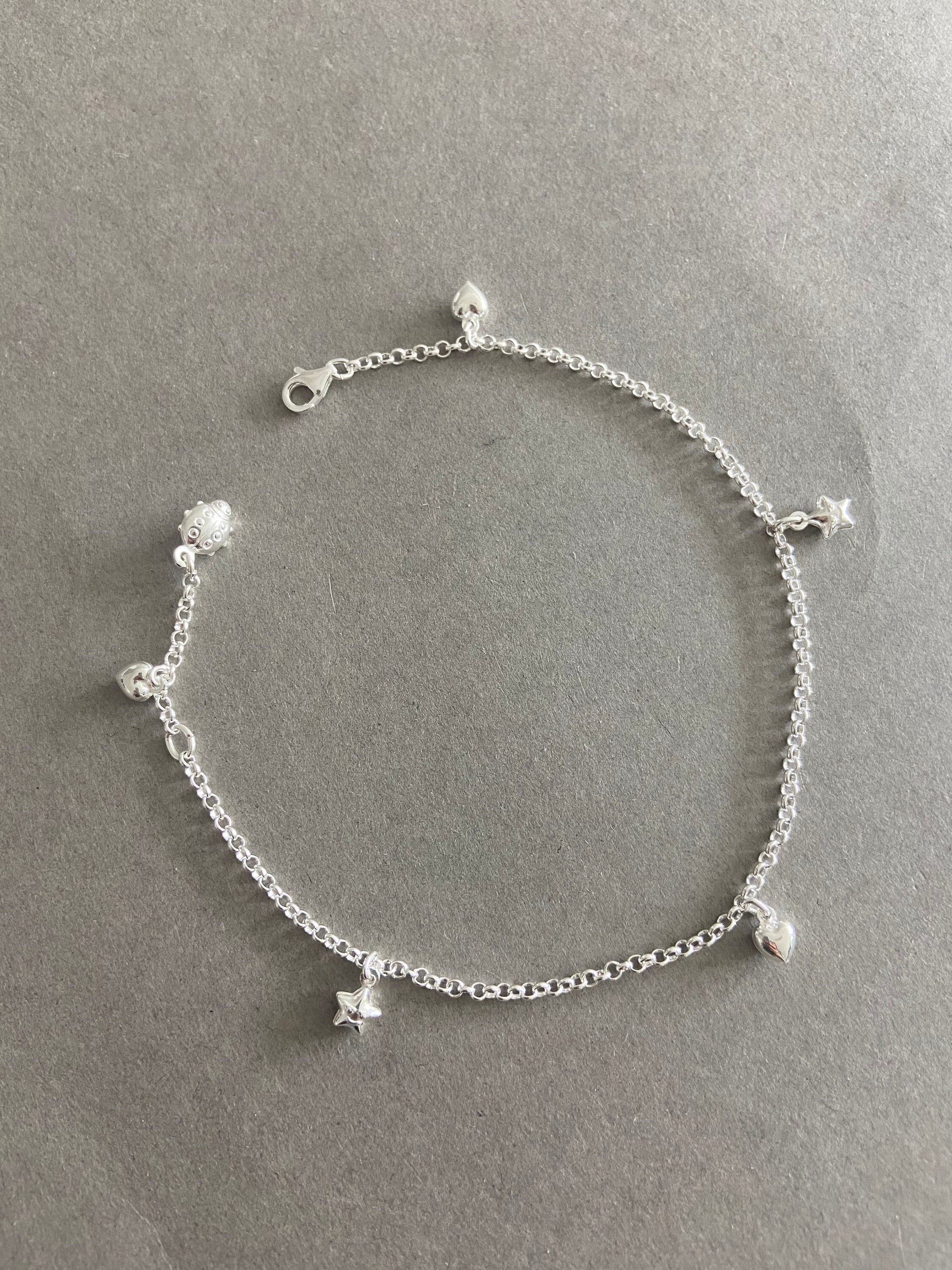 Cross Flower Heart Star Charms Rhinestone Anklet Silver with Clasp 