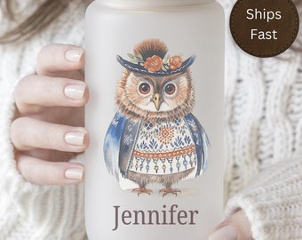 Cute Scandinavian Folk Art Owl Glass Cup Owl Iced Coffee Frosted Tumbler Owl Lovers Gift Folk Art Mug Folk Art Owl