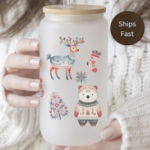 Scandinavian Christmas Folk Art Cottagcore Coffee Mug Nordic Iced Coffee Frosted Tumbler Holiday Gift Swedish Holiday Festive Winter Decor