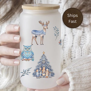 Scandinavian Blue Christmas Folk Art Cottagecore Coffee Mug Nordic Iced Coffee Frosted Tumbler Holiday Gift Swedish Festive Winter Decor