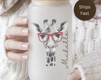 Personalized Black and White Giraffe With Red Glasses Iced Coffee Frosted Tumbler Gift for Giraffe Lover Birthday Christmas