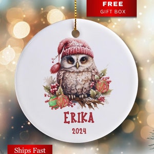 Personalized Cute Owl Ornament Custom Owl In Pink Knit Hat Ornament Cute Winter Bird Holiday Keepsake Custom Name Owl Ornament Kids Ornament