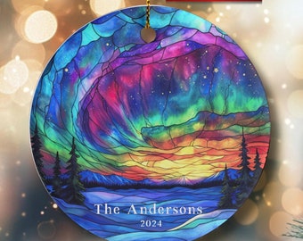 Personalized Stained Glass Look Print Northern Lights Christmas Ornament Holiday Gift Idea Custom Christmas Keepsake Aurora Borealis