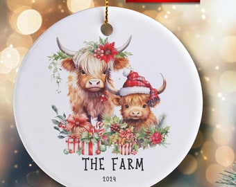 Personalized Highland Cow Santa Hat Christmas Ornament Farm Ornament Gift for Farmer Heifer Cow Ornament Cute Cow Ornament