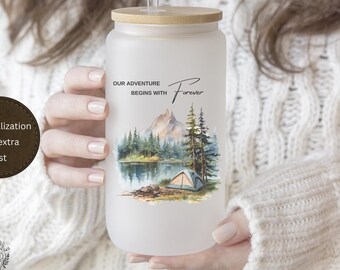 Personalized Mountain Camping Iced Coffee Frosted Tumbler Couple Adventure Coffee Cup Newly Wed Engagement Announcement Anniversary Wedding