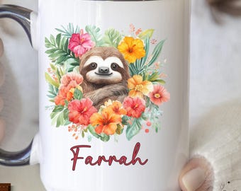 Personalized Sloth Mug Custom Floral Sloth Coffee Mug Sloth Lover Gift Cute Sloth Coffee Cup Custom Sloth Birthday Gift