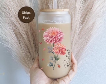 Personalized Birth Flower November Chrysanthemum Butterflies Coffee Cup with Name Birth Flower Frosted Tumbler Gift for Her Birthday